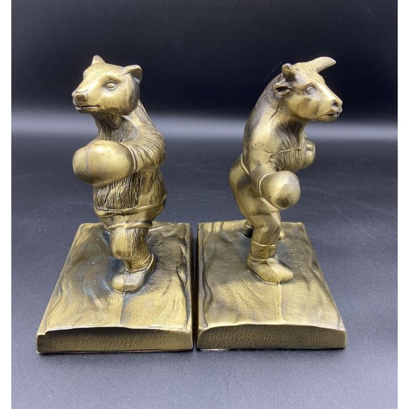 Bronze vintage USA Made stock market Bull & Bear boxing bookends rare sculpture - Picture 3 of 14